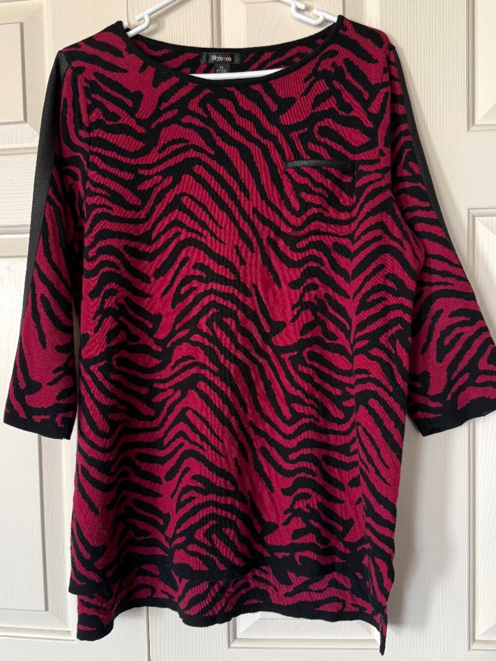 Style & Co Zebra Print Sweater XL Red Black Cotton Knit Faux Leather Trim
